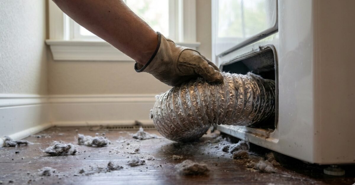 Close up of a dusty and crushed dryer vent hose behind a laundry machine.