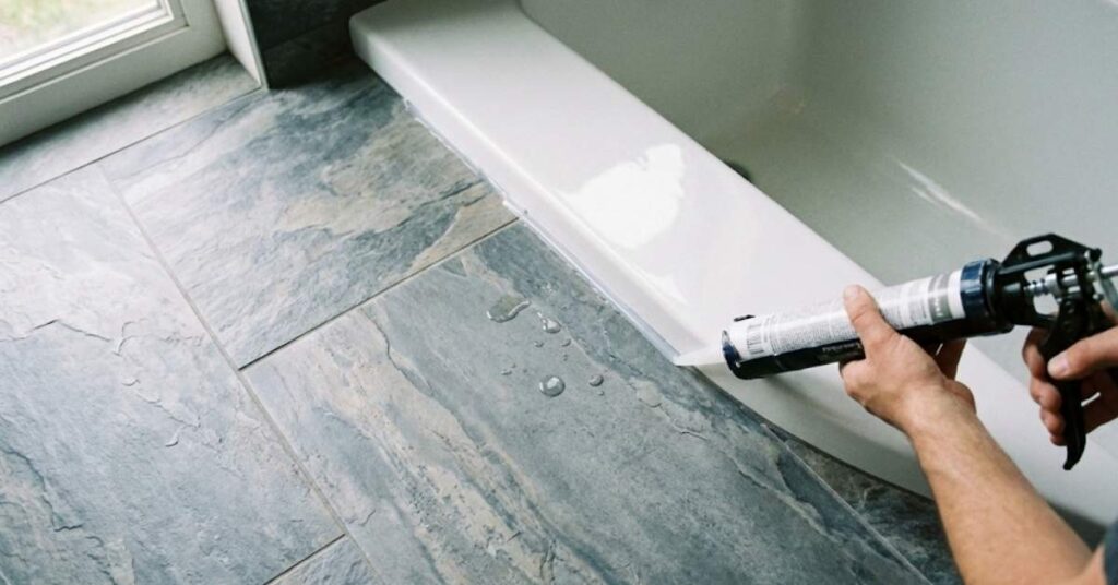 I Tried These $2 Peel and Stick Tiles For 6 Months and Here Is The Brutal Truth 2 Applying silicone caulk to the edges of peel and stick tiles near a bathtub.