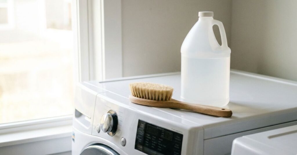 Gallon of white vinegar and cleaning brush on a washing machine.