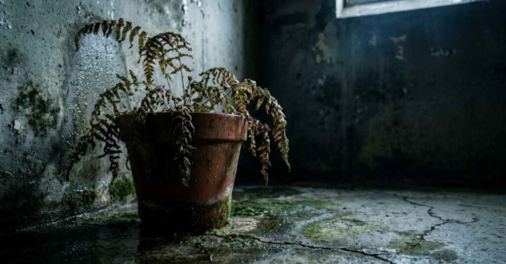 Professional Guide on Best Basement Plants: How to Grow a Lush Indoor Garden in the Dark 2 A struggling houseplant in a dark, damp basement environment.