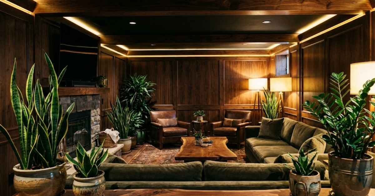 Lush green snake plants and ZZ plants in a modern, well-decorated basement.